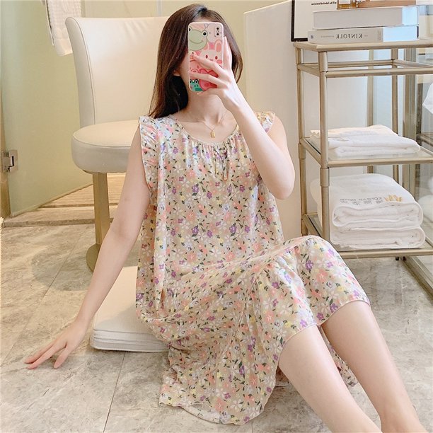 Vestido estilo princesa lindo suelto algodón artificial ropa de casa pijamas de seda de algodón para mujer