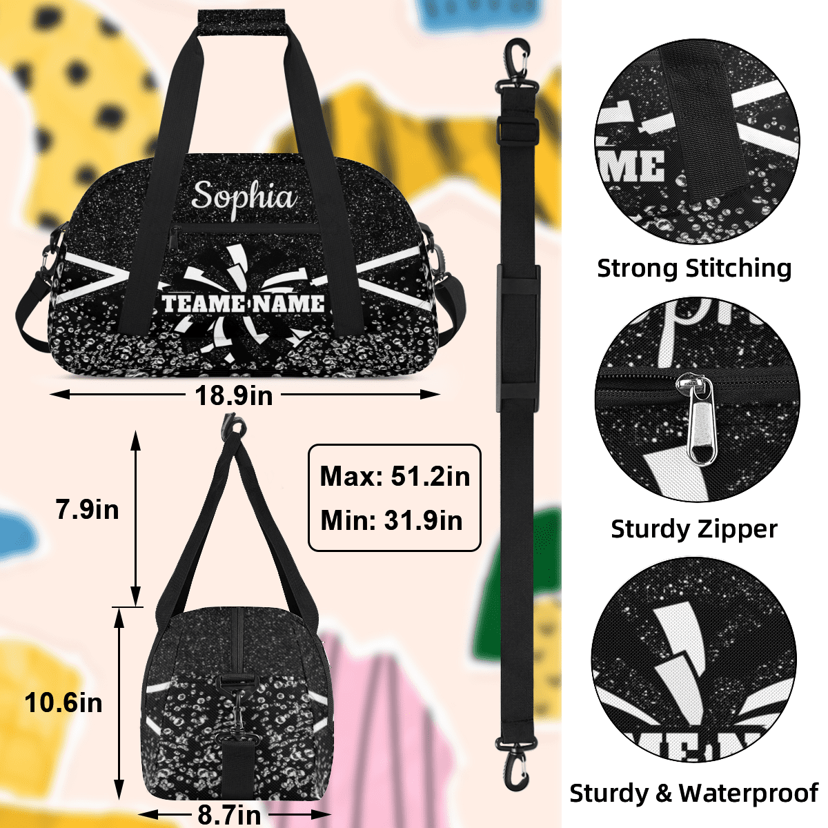 Jiaoprinted Personalized Cheer Bag, Custom Cheerleader Gym Bag Sport Duffel Bag, Customize Travel Overnight Weekender Bags, Cheerleading Gifts, Black Glitter