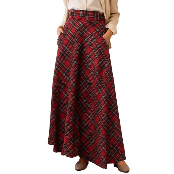 Women’s High Waist Plaid Maxi Skirt with Pockets A Line Full Length Flared Long Skirt for Casual Office Wear Red M