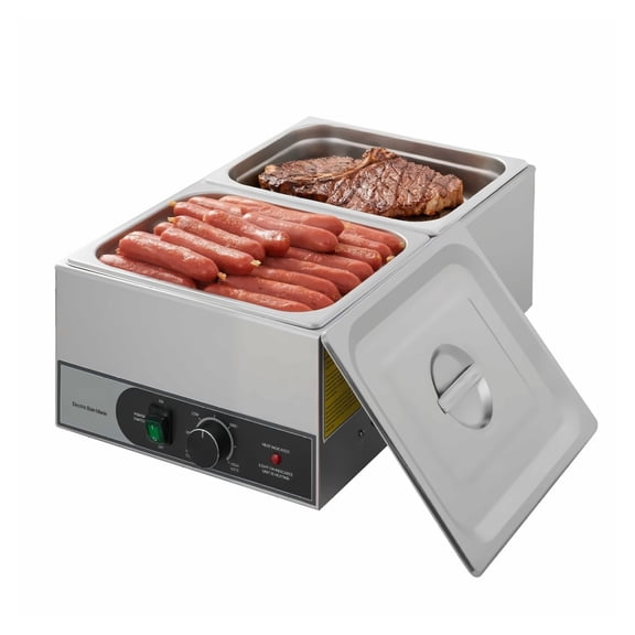 Commercial Food Warmer, 1200W Electric Stainless Steel Steam Food Warmer, Fast Heating Countertop Buffet Bain Marie with Two 1/2 Size Food Pans, for Catering, Restaurants, Parties & Buffets