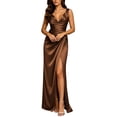 thumbnail image 2 of BRGZLK Formal Dresses for Women Satin V Neck Sleeveless Cocktail Wedding Guest Maxi Dress Pleated High Waist Wrap Split Evening Gowns Brown XL, 2 of 9