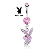 Playboy Bunny Dangle Belly Ring Paved CZ Gems Surgical Steel Pierced Navel