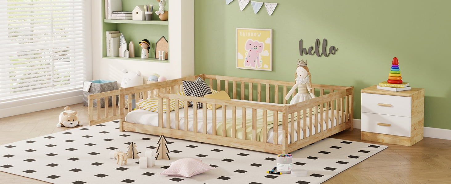 Natural Rubber Wood Full Size Kids Floor Bed with Surround Safety Fence & Access Door, 7 Wood Slats Platform Bed Holds 400LBS Fits ≤6 Inch Mattress No Box Spring Needed