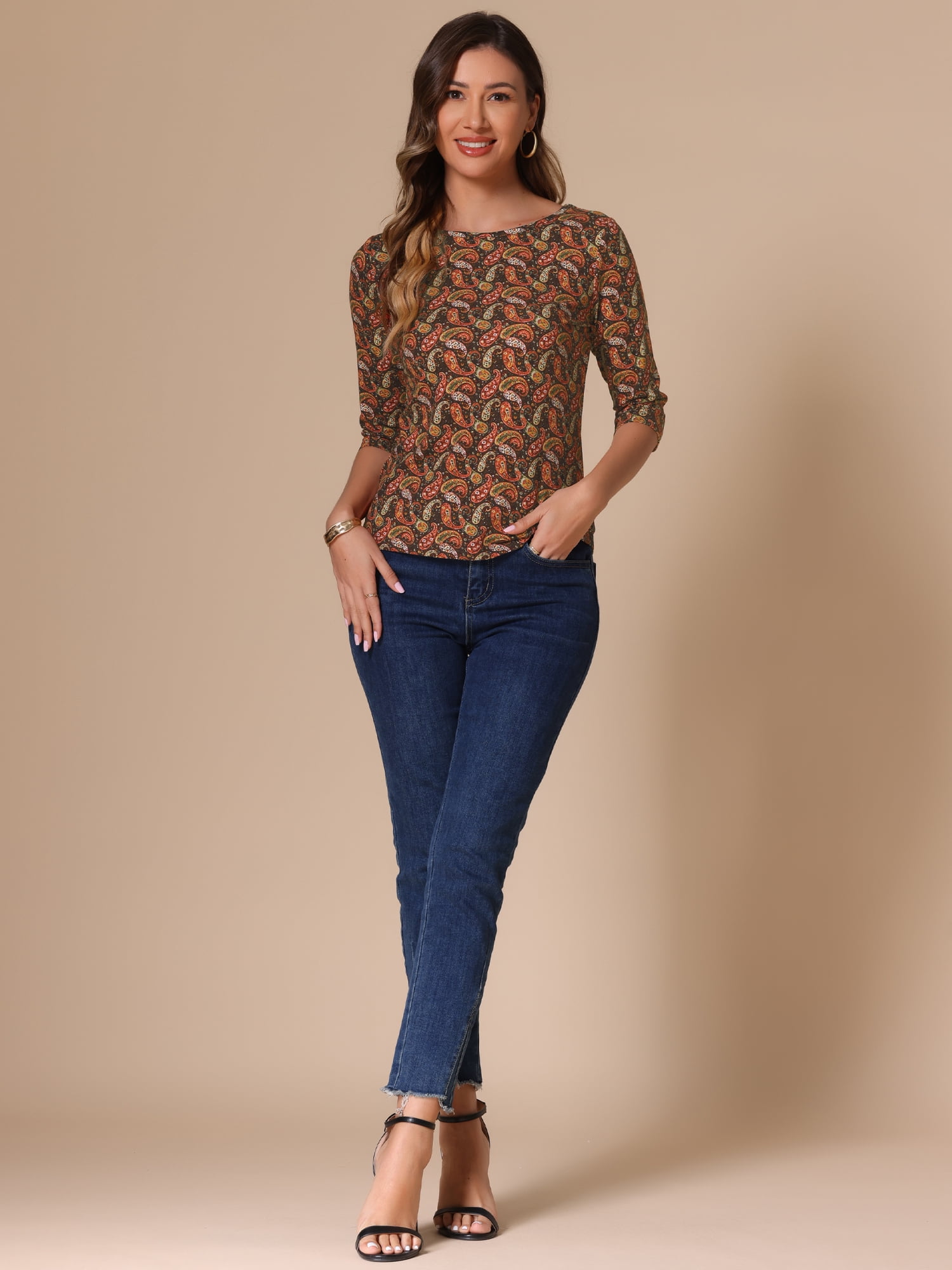 DARING DIVA Women's Halloween Costume 1/2 Sleeve Floral Top M Coffee-Paisley
