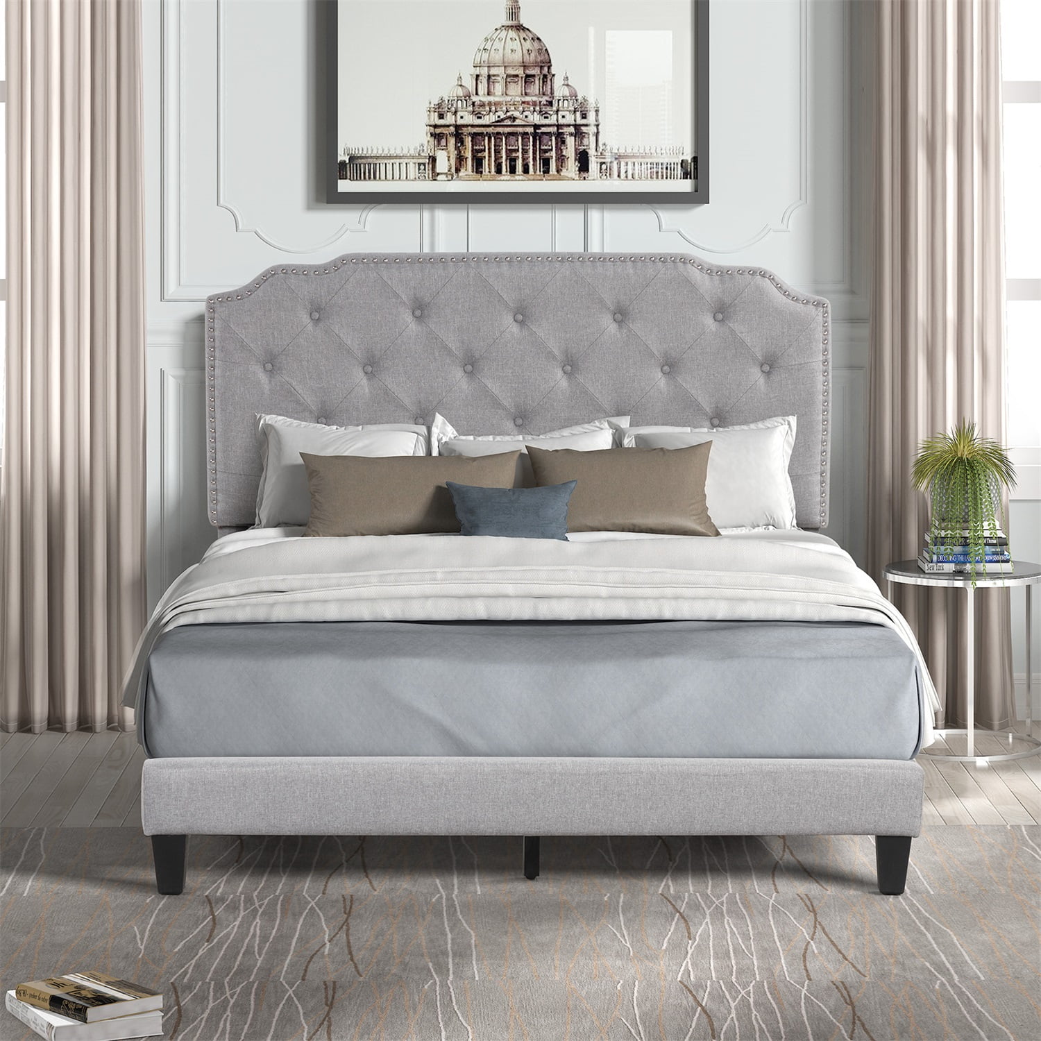 Kadyn Queen Bed Frame with Headboard, Queen Size Fabric Upholstered Platform Bed Frame, Mattress Foundation with Wooden Slats Support, No Box Spring Needed, Light Gray Kadyn Queen Bed Frame with Headboard, Queen Size Fabric Upholstered Platform Bed Frame, Mattress Foundation with Wooden Slats Support, No Box Spring Needed, Light Gray