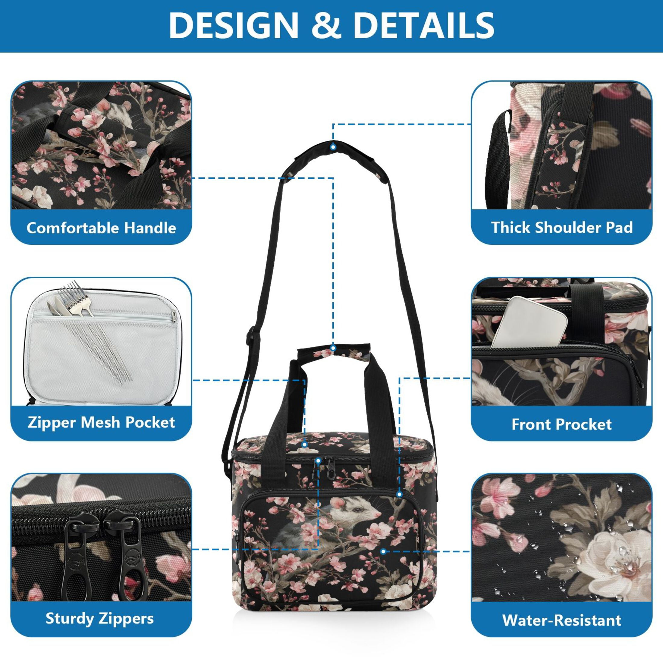 Insulated Cooler Bag with Multiple Pockets Lightweight Lunch Box Tote for Travel Beach Camping Office Watercolor Opossum Pattern