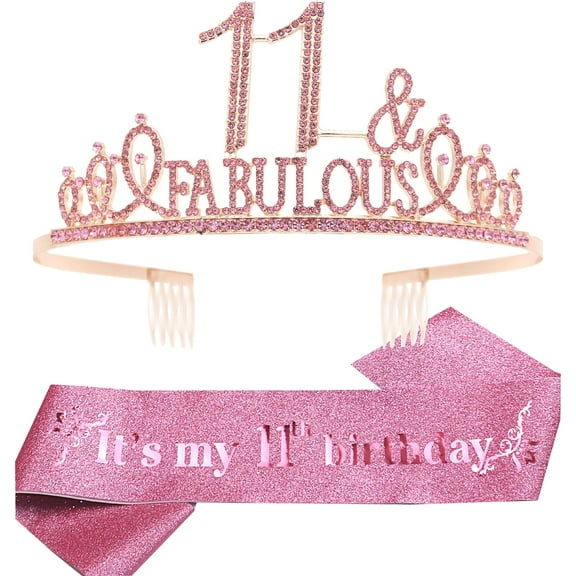 11th Birthday Sash and Tiara for Girls - Fabulous Glitter Sash Fabulous Rhinestone Pink Premium Metal Tiara for Girls, 11th Birthday Gifts for Princess Party