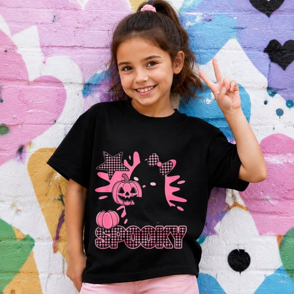 Cute Halloween Shirts for Girl, Pink Spooky Graphic Short Sleeve Casual T-Shirt