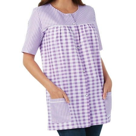 

EZI Women s Plus Snap Front Short Sleeve Gingham Shift Seersucker Housecoat Apron Shirt