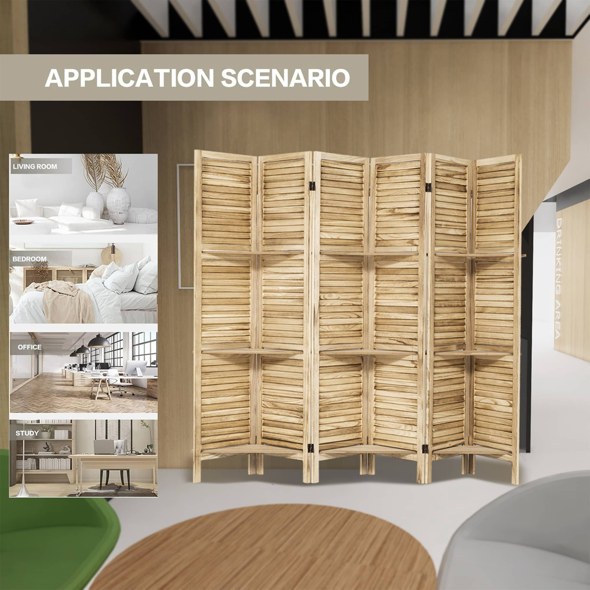 MAYEERTY 6 Panel Wood Room Divider with Display Shelves, Freestanding Privacy Screen, Natural Color