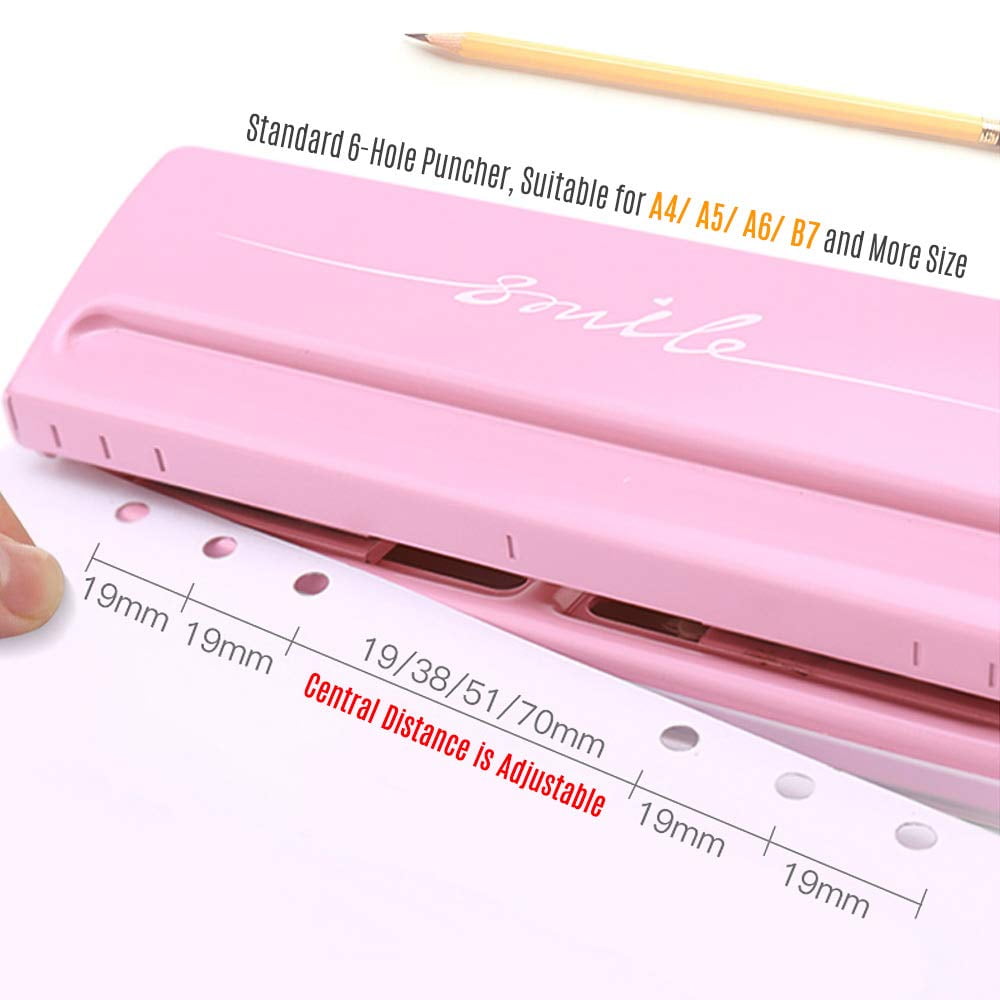 ABPETE Adjustable 6-Hole Desktop Punch, Puncher for A4 A5 A6 B7 Dairy Planner Organizer Six Ring Binder with 6 Sheet Capacity