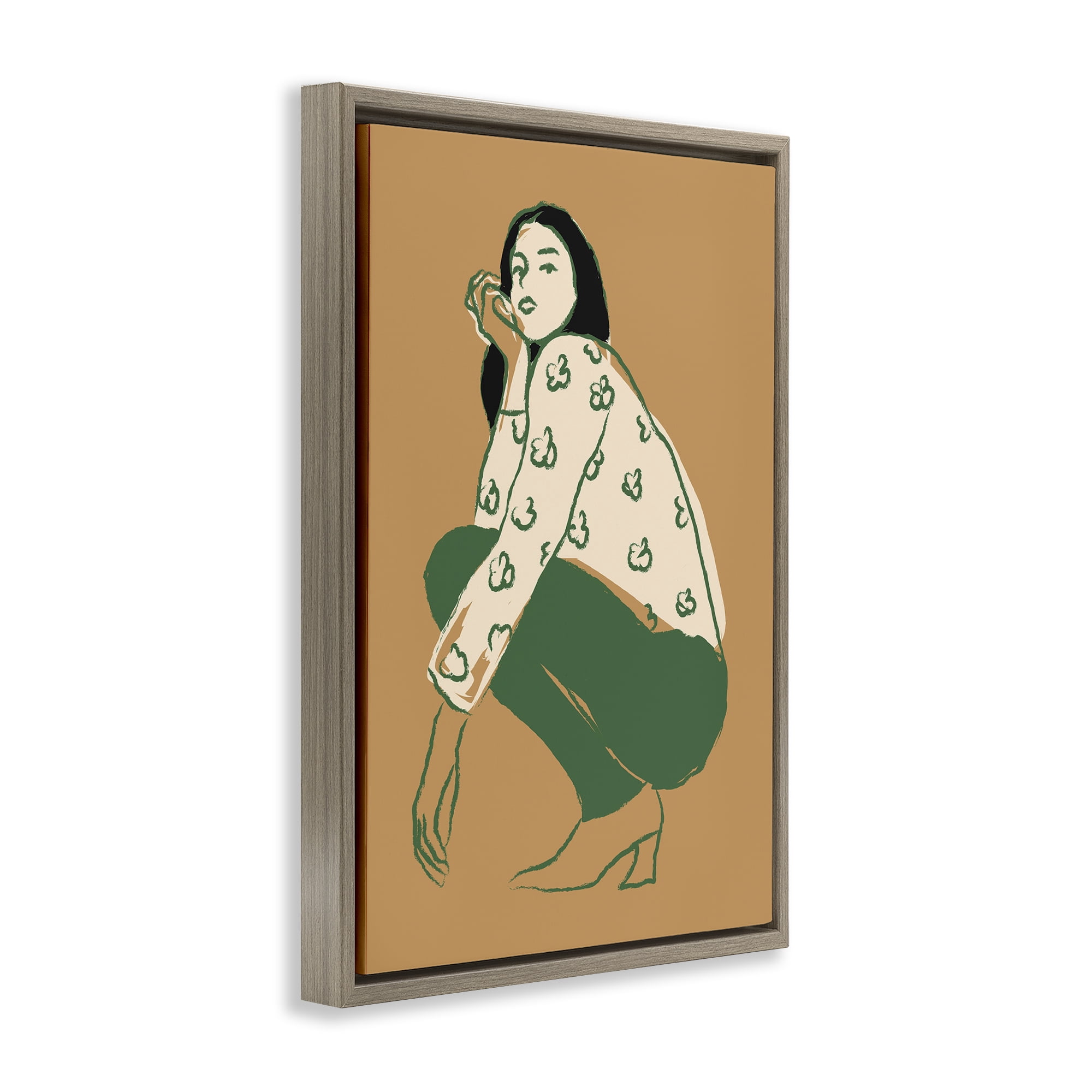 Stupell Industries Fashion Girl Kneeling Novelty Painting Brown Floater Framed Art Print Wall Art, 21 x 31