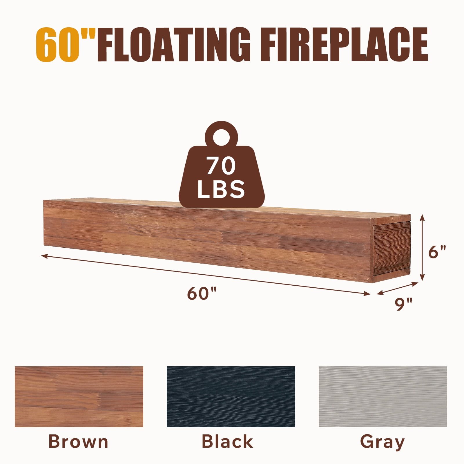 Hommoo 60" Rustic Wood Fireplace Mantel Wall-Mounted & Floating Shelf for Home Decor, Brown