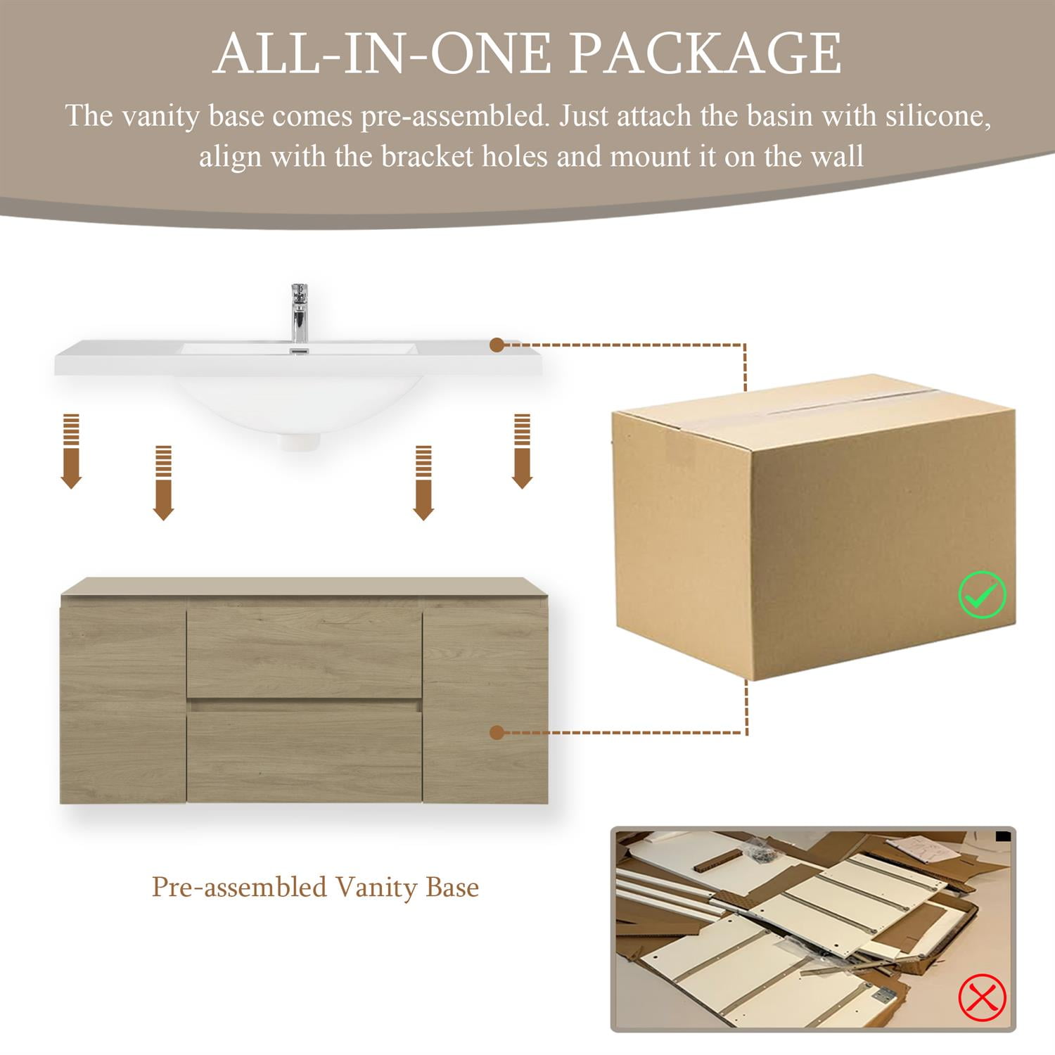 Demi Bonn 48" Floating Bathroom Vanity with Sink, Resin Top Basin and 2 Soft Close Drawers, 2 Storage Cabinet, Faucets and Drains Not Included, Brown