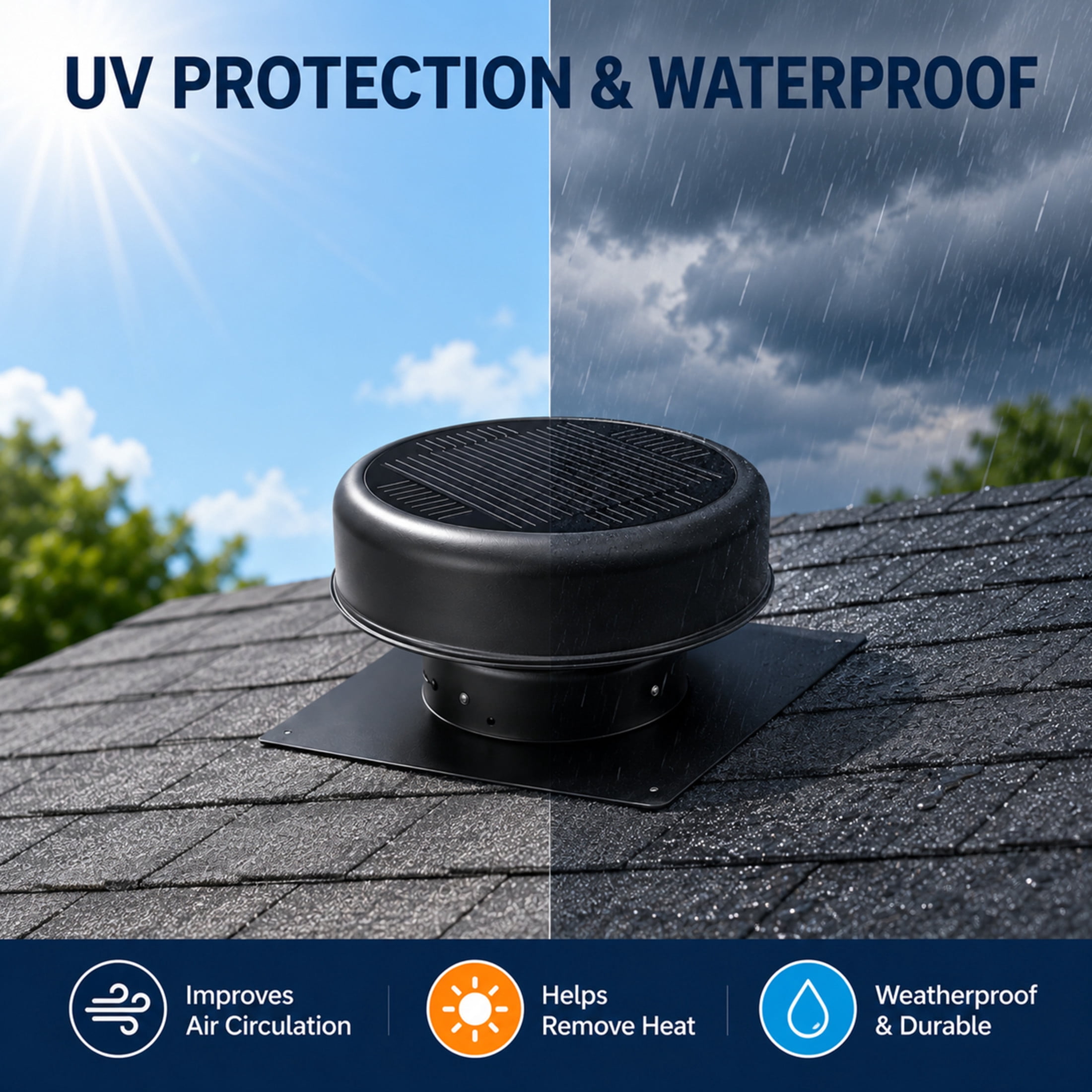 Noble House 12" Flush Mount Round Solar Roof Vent Fan, 30W Dual Power Attic Exhaust Fan for Attic Garage, Black