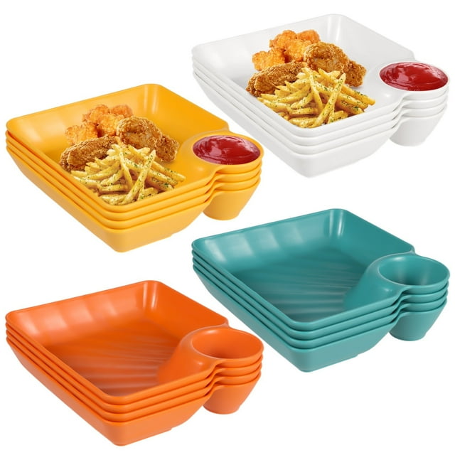 16 Pcs Plateaux de Service pour Trempette aux Croustilles, Assiette à Dumplings Divisée avec Coupelle à Sauce, Plateau de Service Réutilisable pour Croustilles et Ketchup, Plateau d'Apéritifs et de Sushi pour Rassemblements, Fêtes, BBQ, Restaurants, Couleurs Assorties