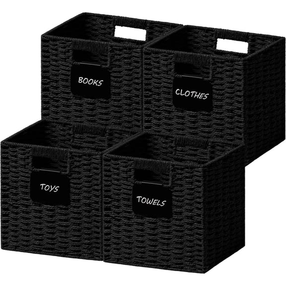 4 Pack Small Wicker Basket, 9×9 Storage Cubes with Label, Foldable Cube Storage Bin with Handle, Square Storage Basket for Shelves, Woven Paper Rope Basket for Organizing, Black