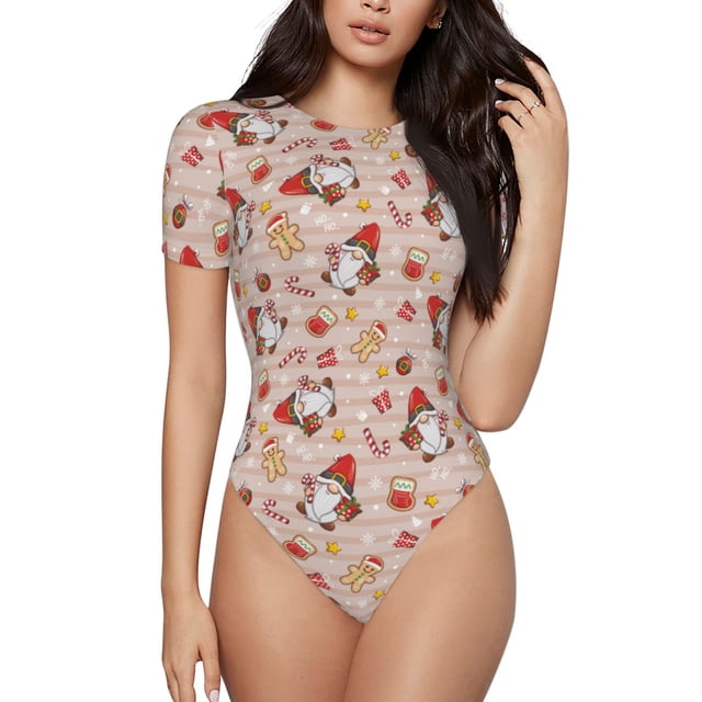 Balery Christmas Gnomes Santa Claus Body de cuello redondo de manga corta para mujer Tops de manga corta Tops básicos-Large