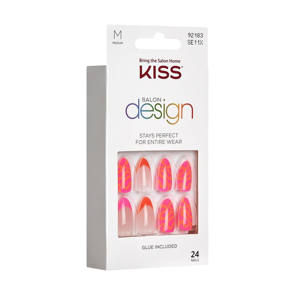 KISS Salon Design Press-On Nails, 'Mood on fleek', Pink, Medium Almond, 27 Ct.