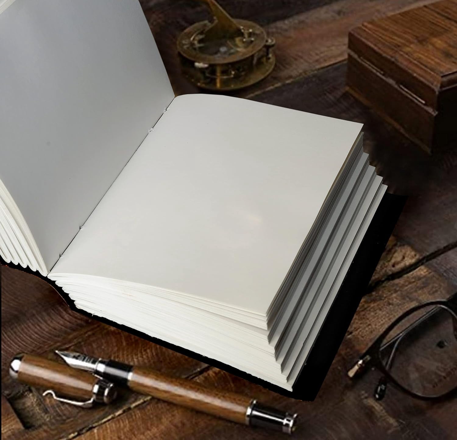 Leather Journal with  and Moon Embossing and Blue Stone Detail - Vintage Water Buffalo Diary for Writing Sketching