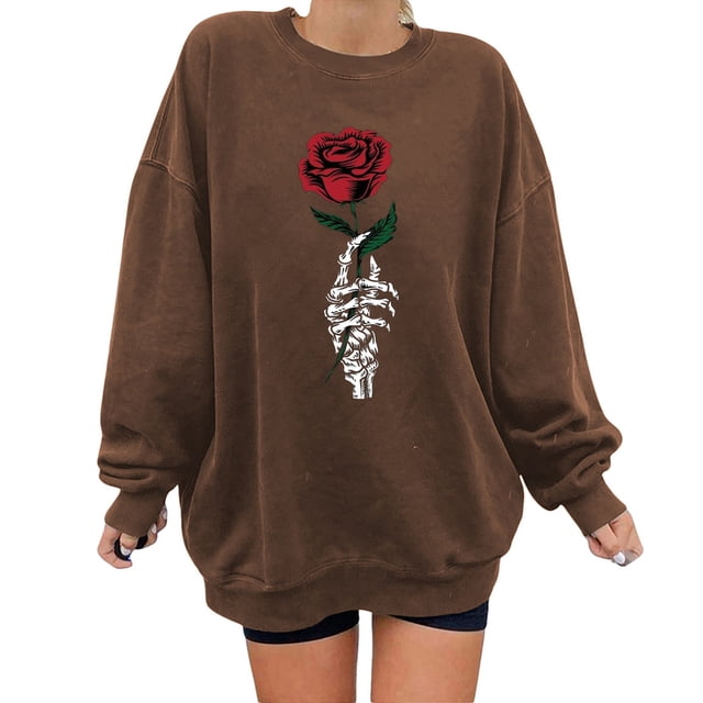 Gibobby Sudaderas para mujer Sudadera de talla grande para mujer Cuello redondo Manga larga Suéter suelto casual (Marrón, L)