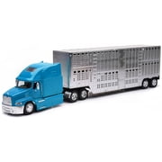 Mack Pinnacle Truck with Pot Belly Livestock Trailer Blue and Chrome Long Haul Truckers Series 1/32 Diecast Model by New Ray