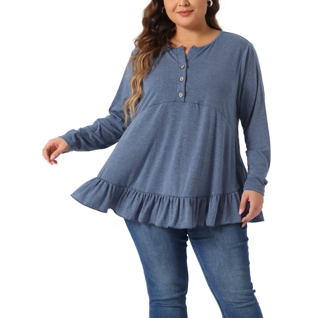 Tops de túnica de mujer plus size Agnes Orinda, con botones, cuello en V, mangas largas, dobladillo con volantes, blusas fluidas 3X en azul