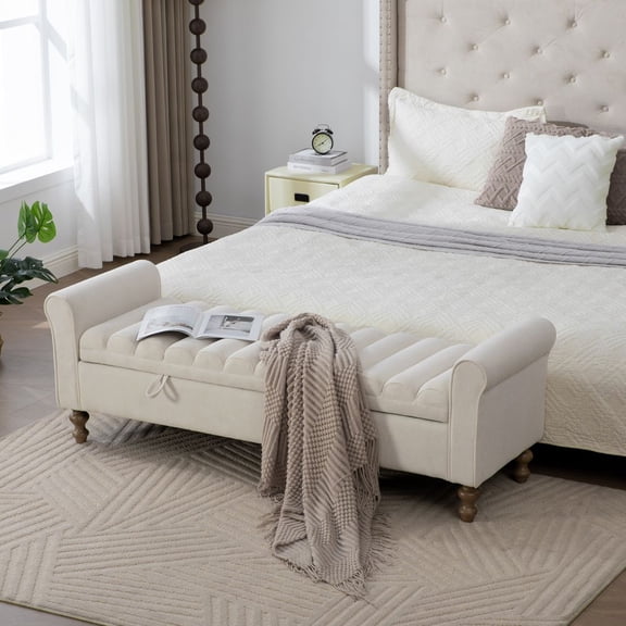 WGYPRIME 65.55" W Modern Ottoman Bench, Upholstered Storage Ottoman Bench with Rolled Armrest, Napped Fabric End of Bed Bench for Living Room, Entryway, Dormitory, Bedroom