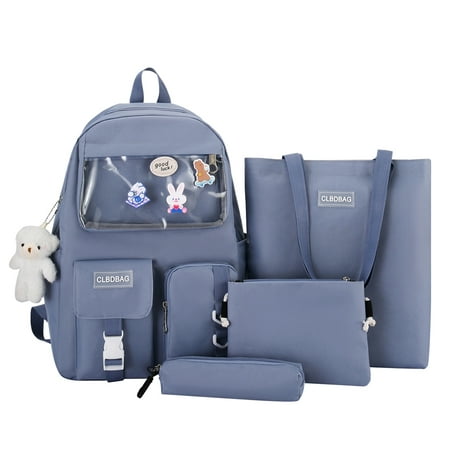FunnyBeans 4pcs/Set Women School Backpacks Teenagers Girls Student Book Bag Satchel Mochila (Blue)