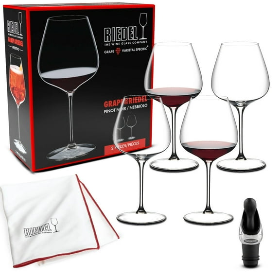 Riedel Grape Pinot Noir, Wine Glass (Set of 4) Bundle with Large Microfiber Polishing Cloth and Deluxe Wine Pourer with Stopper (4 Items)