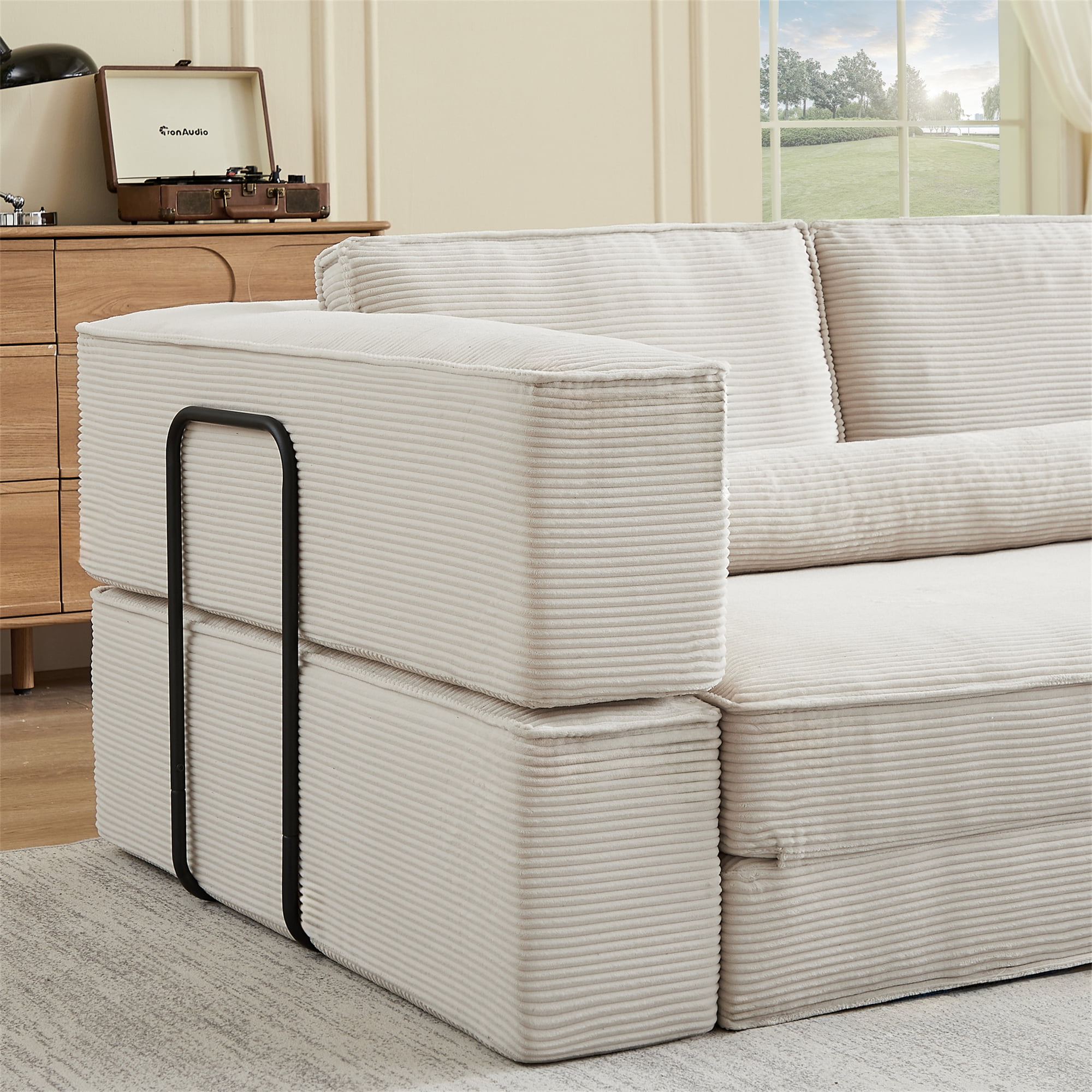 Aukfa 109" Oversized Convertible Sofa Bed Futon with Fixed Frame, Folding Pull Out Modular Boneless Sofa for Living Room, Corduroy, Beige