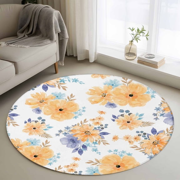 Round Rugs 3.3Ft, Orange Watercolor Floral Round Area Rug Washable Indoor Throw Carpet, Spring Flower Abstract Art Soft Non Slip Circle Rug for Laundry Room Patio Home Decor Aesthetic