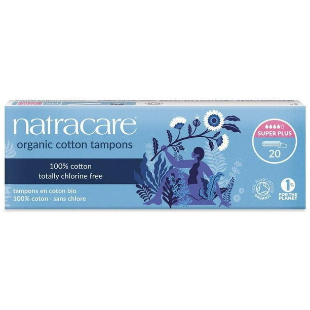 NATRACARE Tampones de algodón 100 % orgánico Natracare sin aplicador, Super Plus, totalmente libres de cloro, biodegradables y compostables (1 paquete, 20 tampones en total)