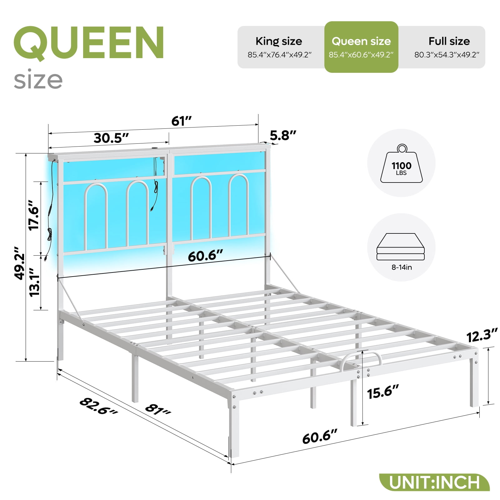 Pinmoco Queen Size Bed Frame with 49.2" High LED Storage Headboard Shelf, Metal Platform Bed with Charging Station, White
