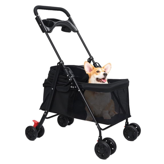 Queroig 4 Wheels Dog Cat Stroller, Outdoor Travel Pet Folding Stroller, Dog Cat Cage Stroller with Cup Holder, Visible Window for Medium Small Dog