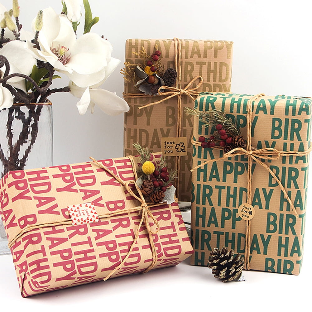 Happy Birthday Wrapping Paper For Boys Men Women Girls Kids, Gift Wrapping Paper, 6 sheets 20 x 28 inches Brown Kraft Folded Paper with Jute Strings, Stickers and Bows for All Birthday Occasions