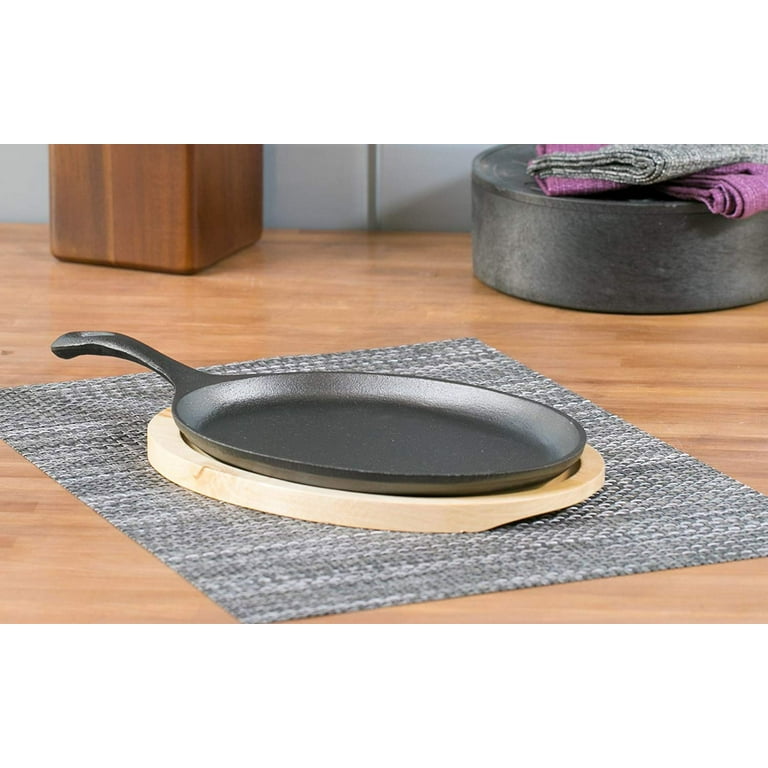 2pc+Cast+Iron+Fajita+Skillet+Set+With+Wood+Base+Cooking+Kitchen+Accessories  for sale online