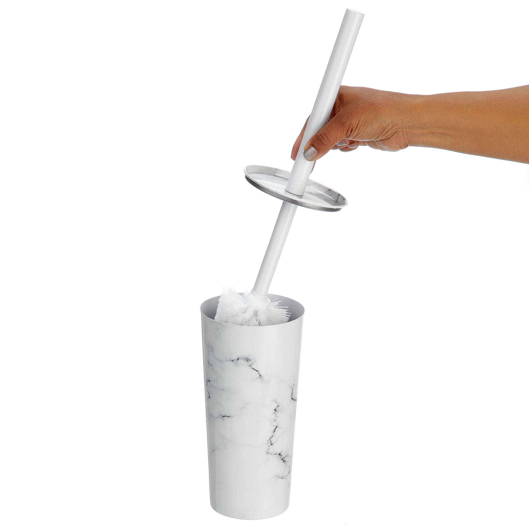 mDesign Steel Toilet Bowl Brush/Holder Bathroom Storage Combo - White Marble