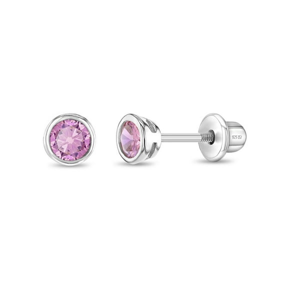 925 Sterling Silver 4mm Bezel Set Pink CZ Toddler Earrings with Screw Back Baby