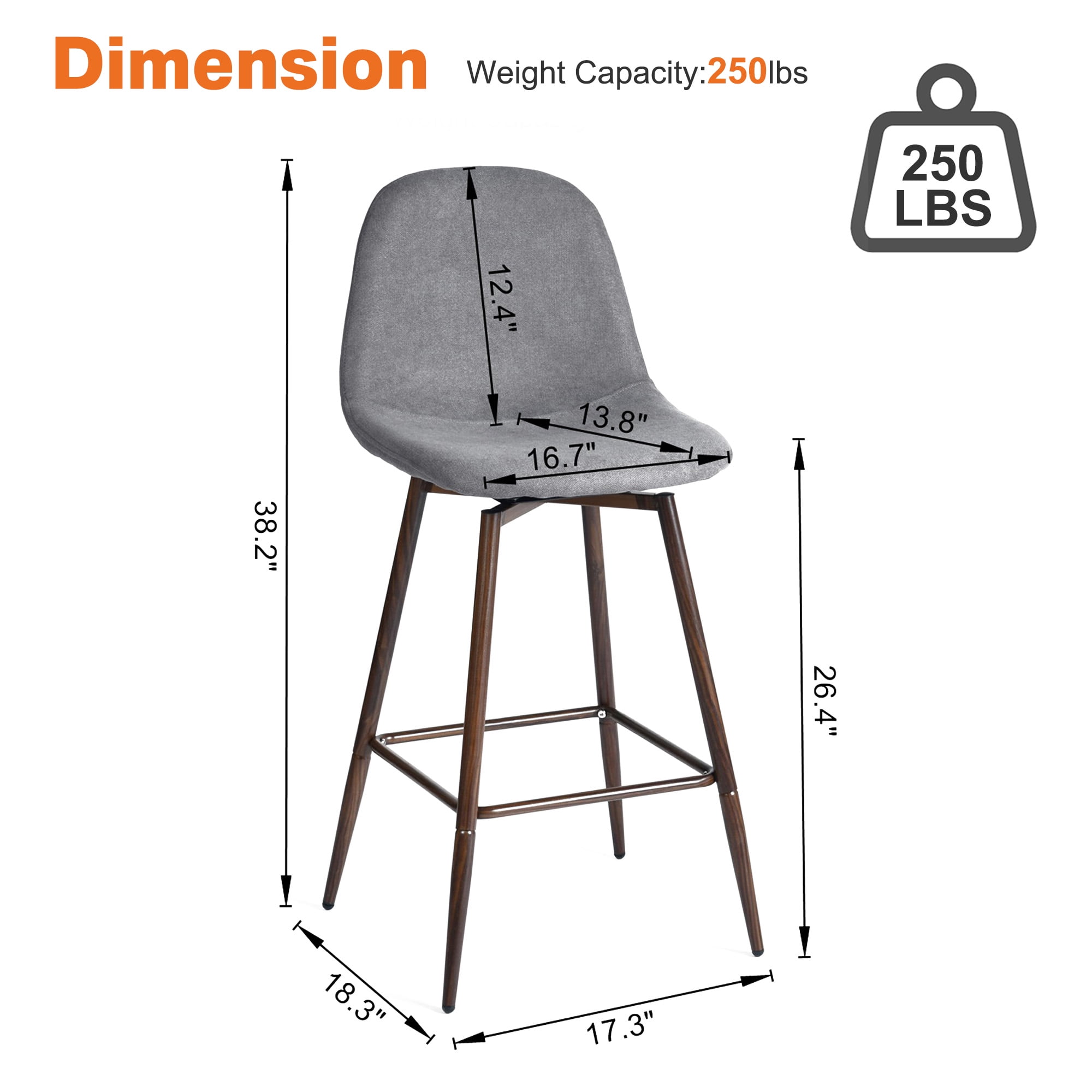 Homy Casa 26" Swivel Counter Height Bar Stools, Set of 2, Grey Fabric, Wood-Look Legs