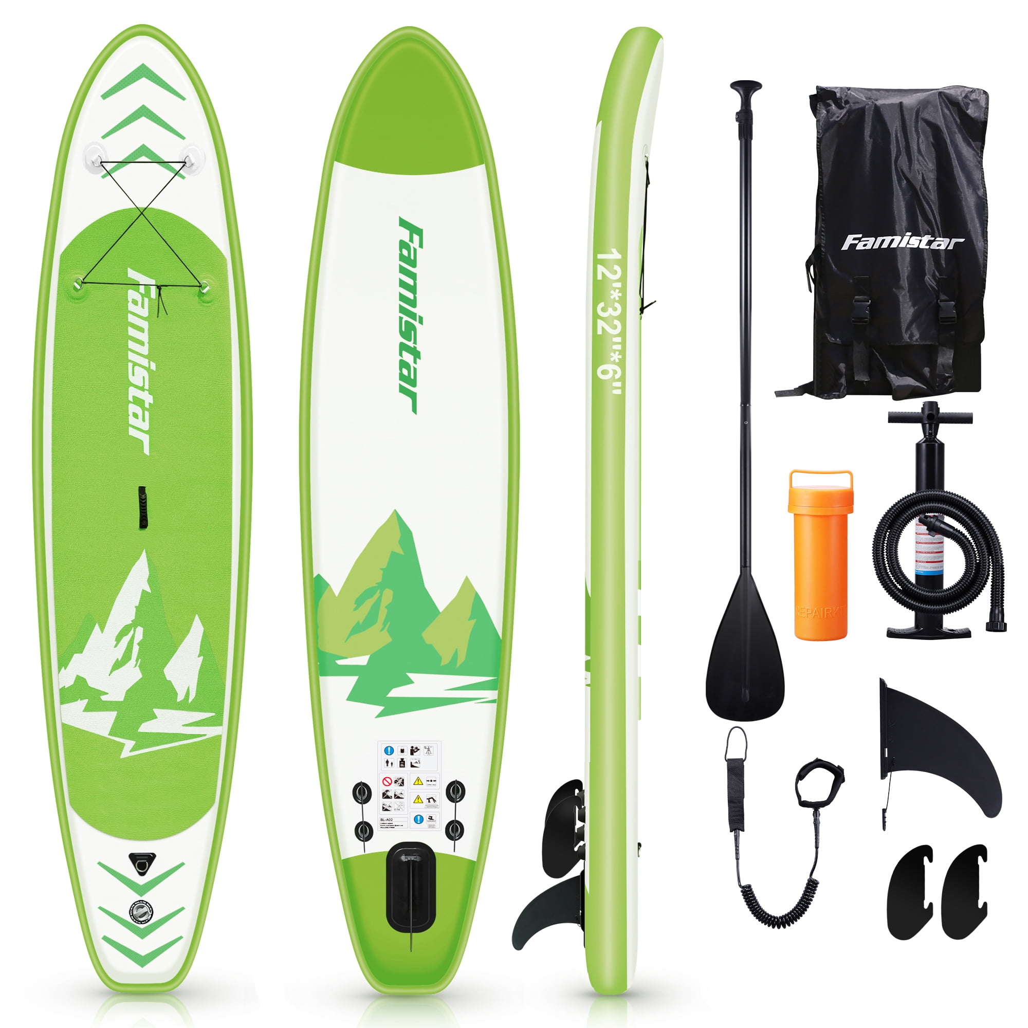 Famistar 12&amp;#39; Inflatable Stand Up Paddle Board SUP w/ 3 Fins, Adjustable Paddle, Pump &amp; Carrying Backpack