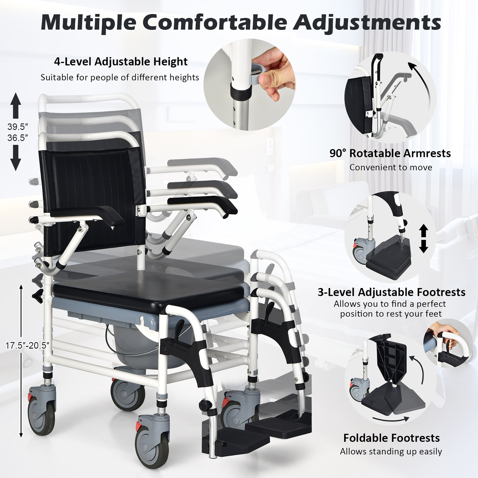 Costway 4-in-1 Bedside Commode Chair Commode Wheelchair with Detachable Bucket
