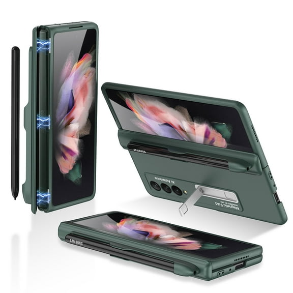 Mantto for Samsung Galaxy Z Fold 3 Case Hinge Coverage Protective Case with Built-in Magnetic Kickstand PC Shockproof Cover for Samsung Galaxy Z Fold 3 5G 2021, Darkgreen
