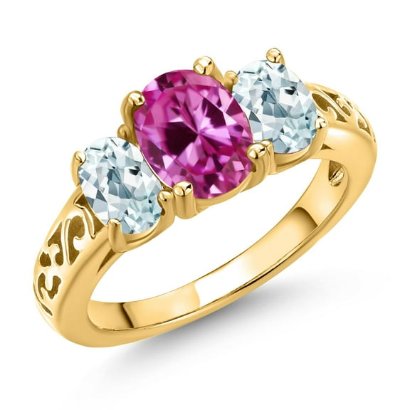 Gem Stone King 18K Yellow Gold Plated Silver Pink Created Sapphire and Sky Blue Aquamarine Filigree Style 3 Stone Ring for Women (2.65 Cttw, Oval 8X6MM and 6X4MM) (Size 6)