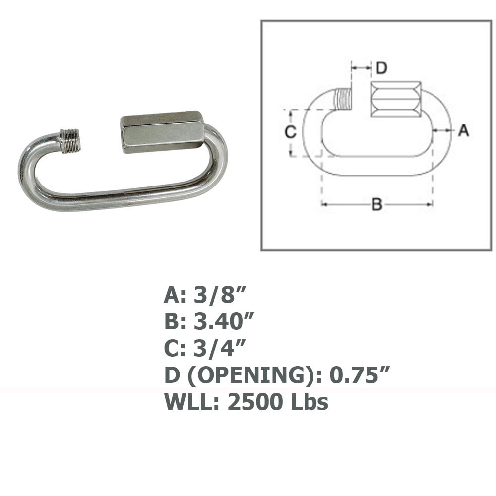 4 Pcs Marine 3/8" Long Quick Link 2500 Lbs WLL Connect Link Stainless Steel T316