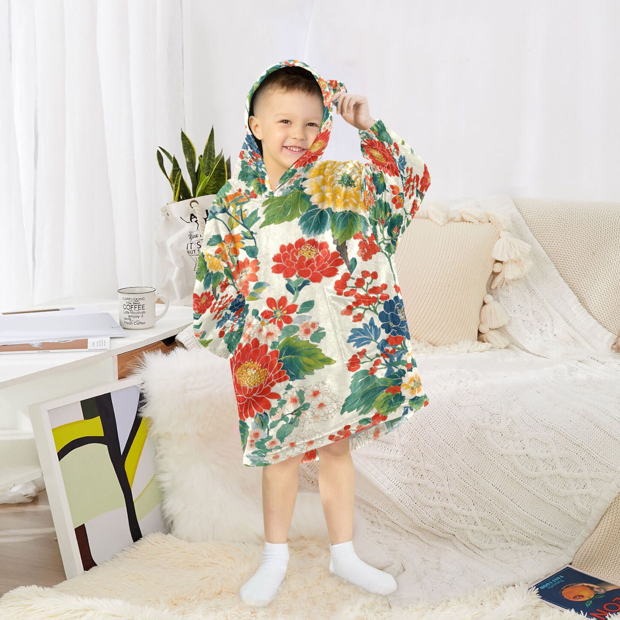 FORMRS Wearable Blanket Hoodie with Sleeves for Kids Cozy Flannel Sweatshirt, Colorful Flowers Pattern