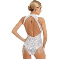 thumbnail image 5 of YUUMIN Womens Sparkly Sequin Fringe Leotard Bodysuit with Hat Jazz Latin Dance Dress Stage White L, 5 of 7