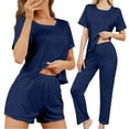 thumbnail image 3 of SROBPTY Women Solid Short Sleeve Top and Shorts and Full Length Pants 3 Piece Pajama Set Comfortable Loungewear Navy, L, 3 of 5