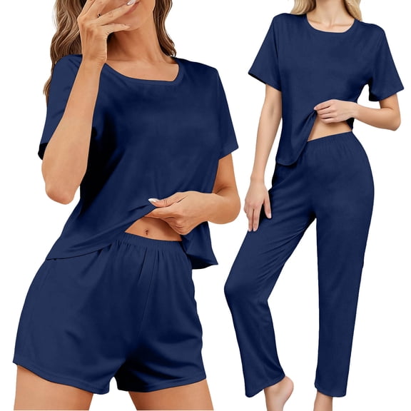 zfwon Pyjamas Sets for Women 3 Piece Casual Pajamas Set Solid Color Short Sleeve Crew Neck Tops & Elastic Waist Shorts And Trousers Comfort Matching Sets Loungewear Homewear Nightwear