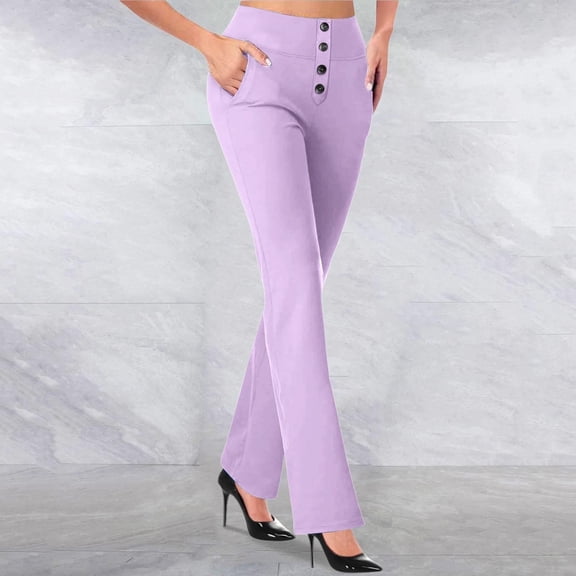 Cagogo Women Straight Leg High Waisted Trousers with Pockets Button Elegant Office Long Pants Work Casual Slim Fit Business Dress Slacks, Purple XL